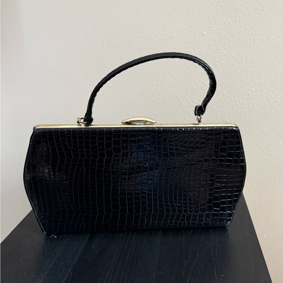 Vintage Black Croc Embossed Top Handle Clutch Prom Wedding